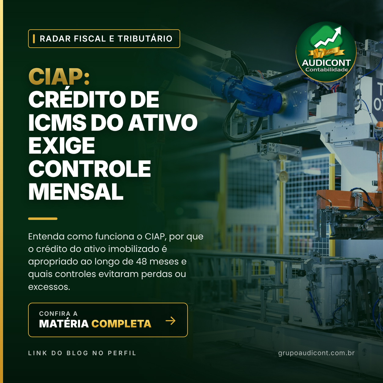 CIAP: crédito de ICMS do ativo exige controle mensal